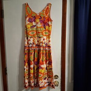 Vintage Talbots Floral Midi Dress S Orange Tropical Vacation Boho Cotton